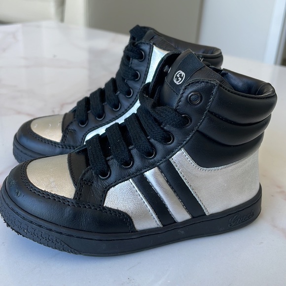 GUCCI baby toddler size 23 black & silver metallic high top sneakers designer - Picture 4 of 10